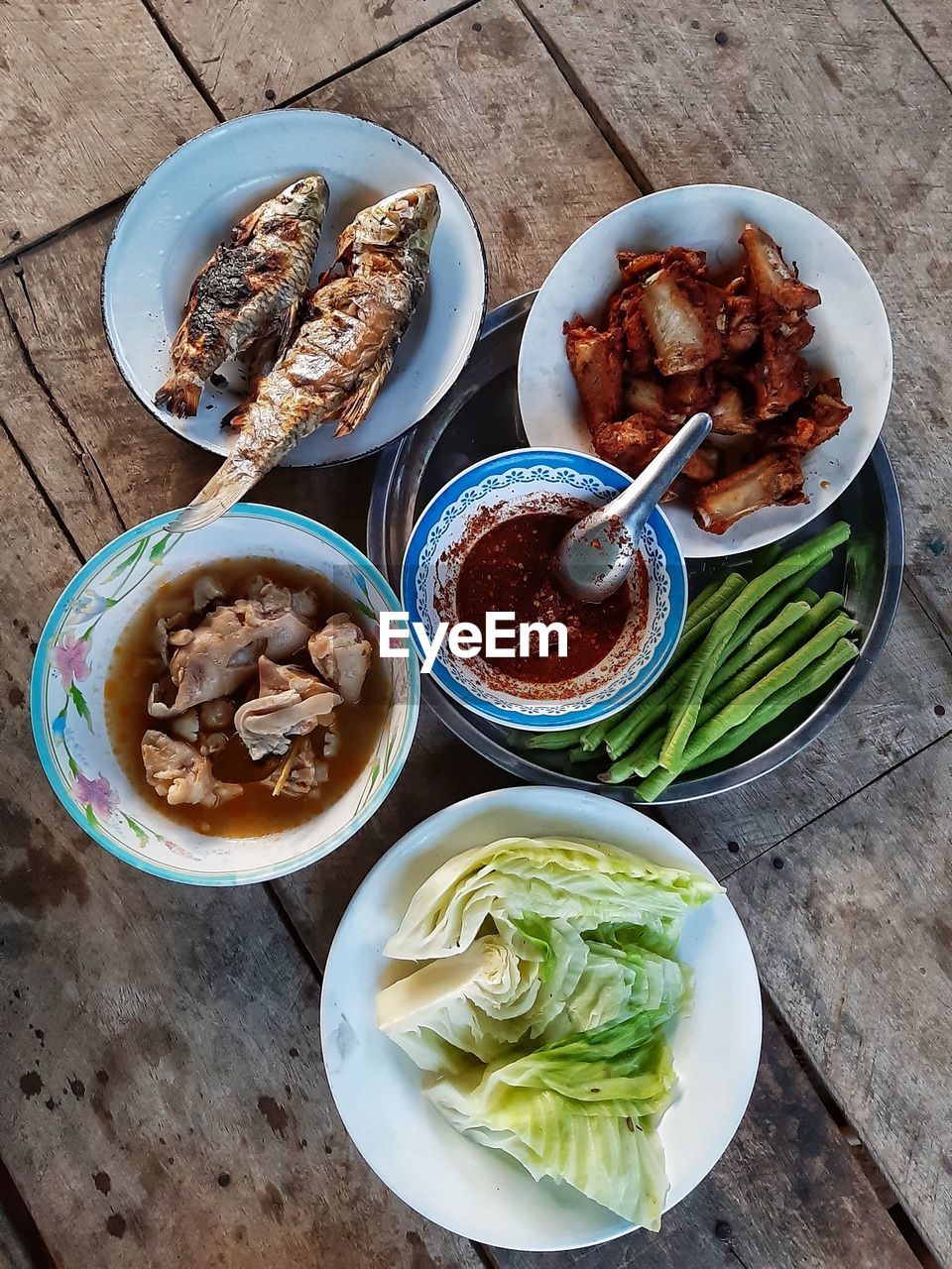 High angle view of food served on table