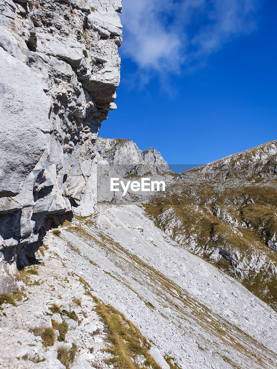 Autumn view of mountain pass and glacial scree