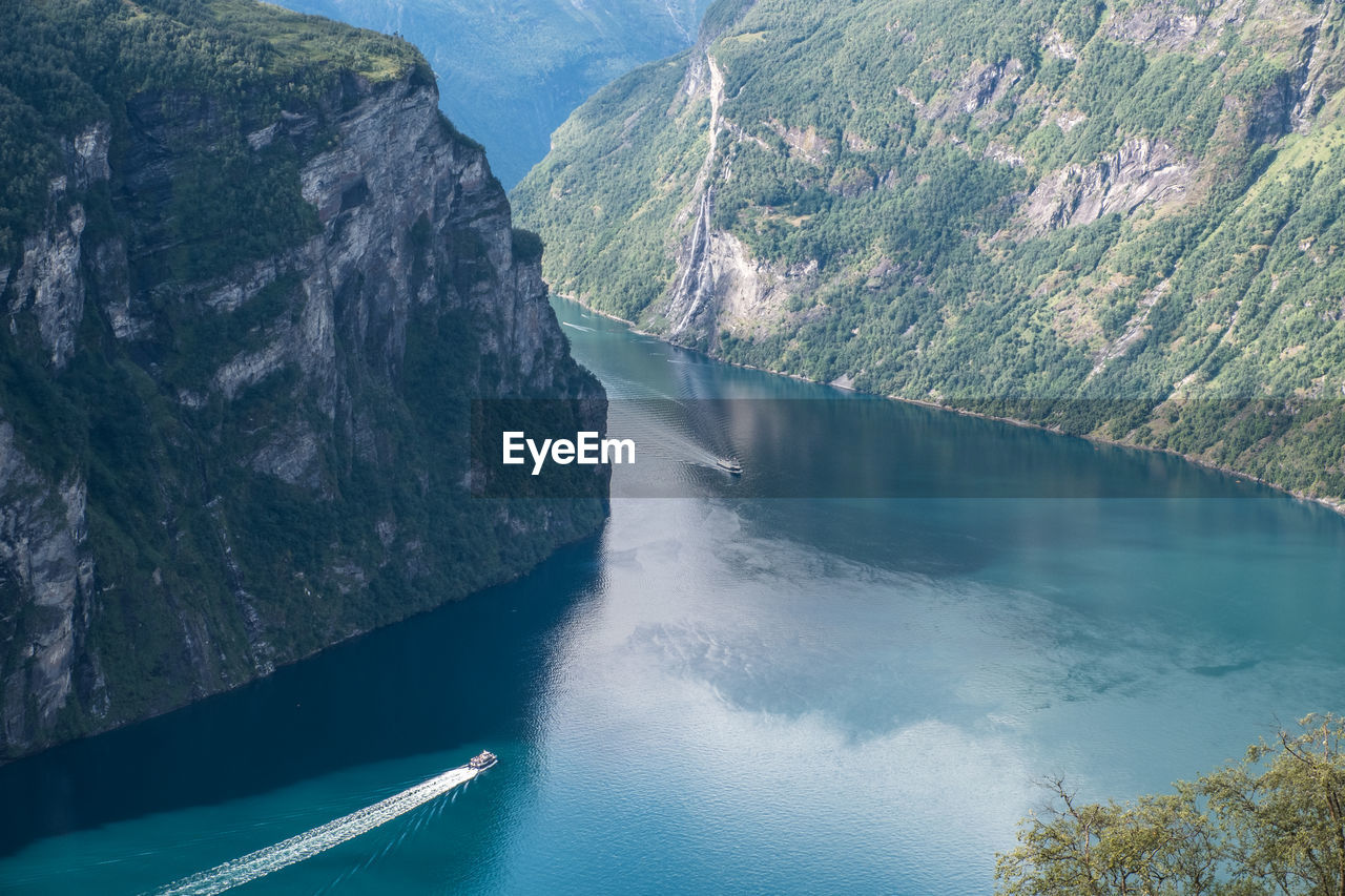 Aerial view at fjord of geiranger on a beauty day in summer