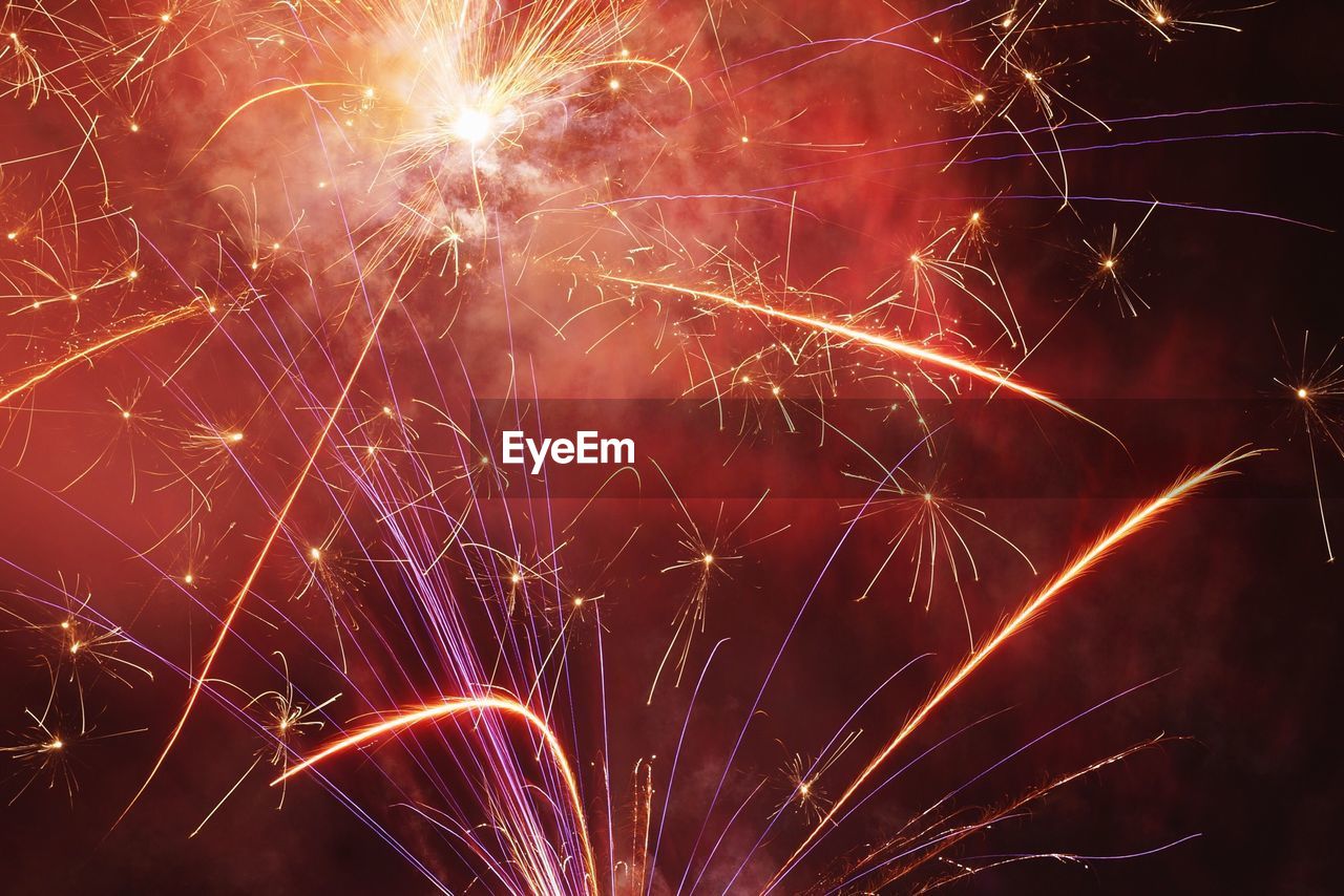 Low angle view of firework display against clear sky at night