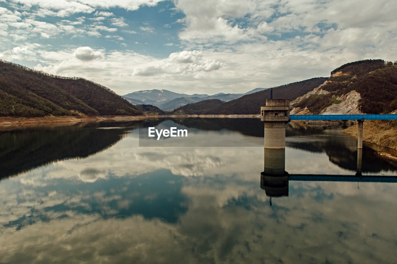 SCENIC VIEW OF LAKE BY MOUNTAIN AGAINST SKY