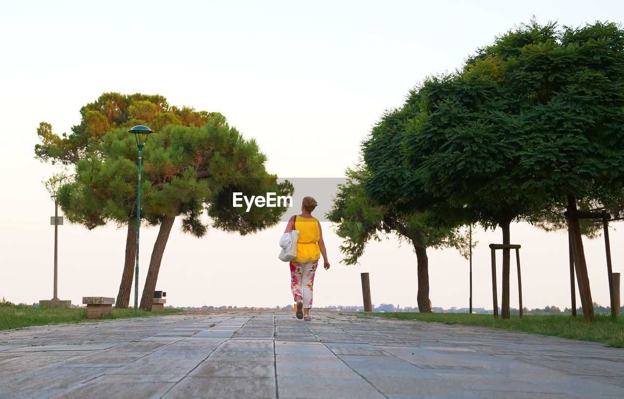 Full length rear view of woman walking on street amidst trees against clear sky