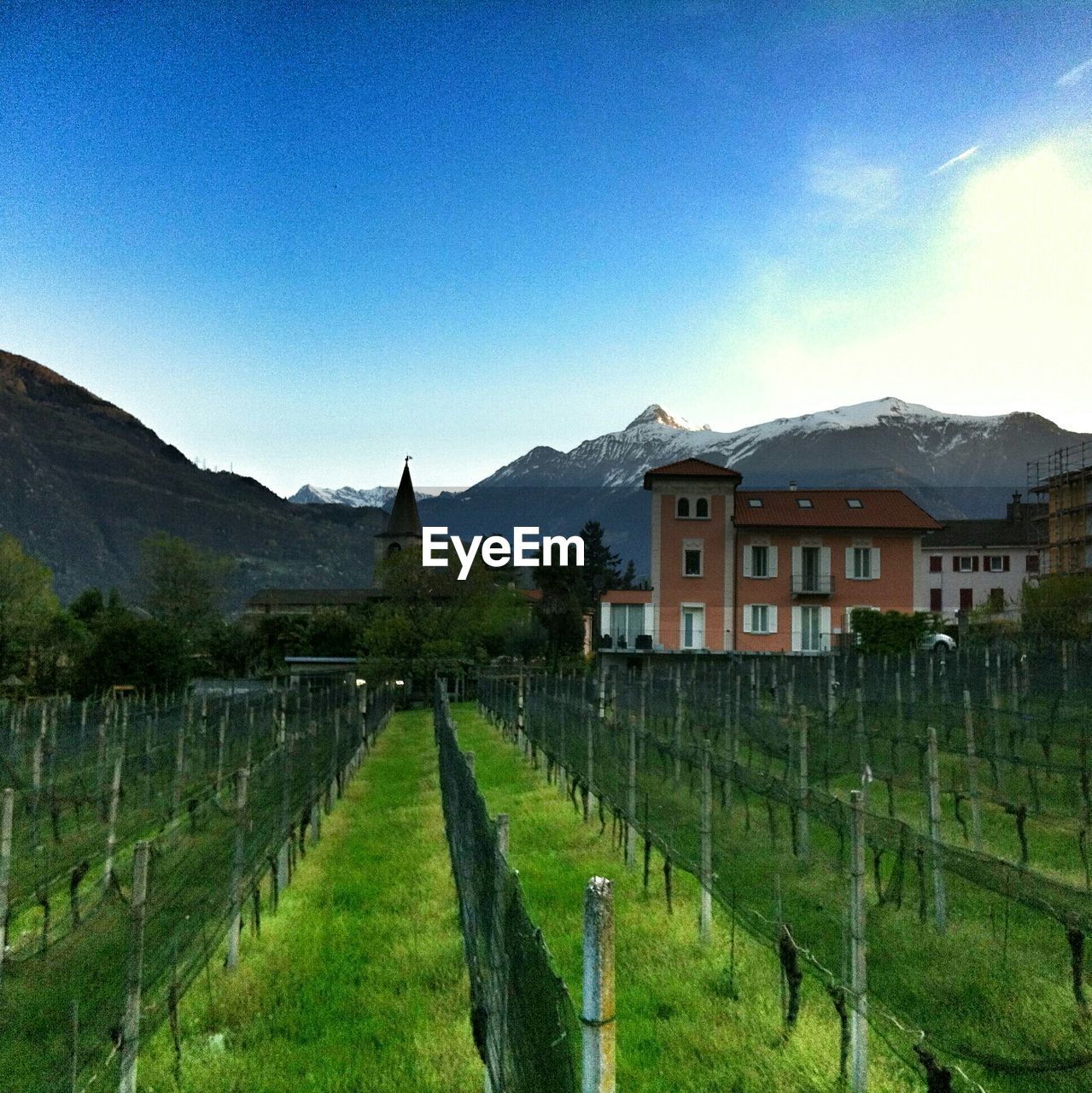 Rural fields with built structure in background