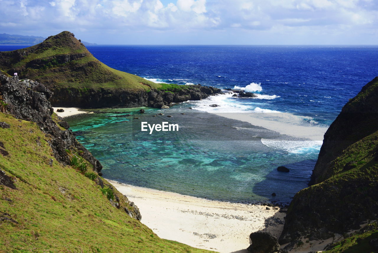 SCENIC VIEW OF SEA BY MOUNTAINS AGAINST SKY