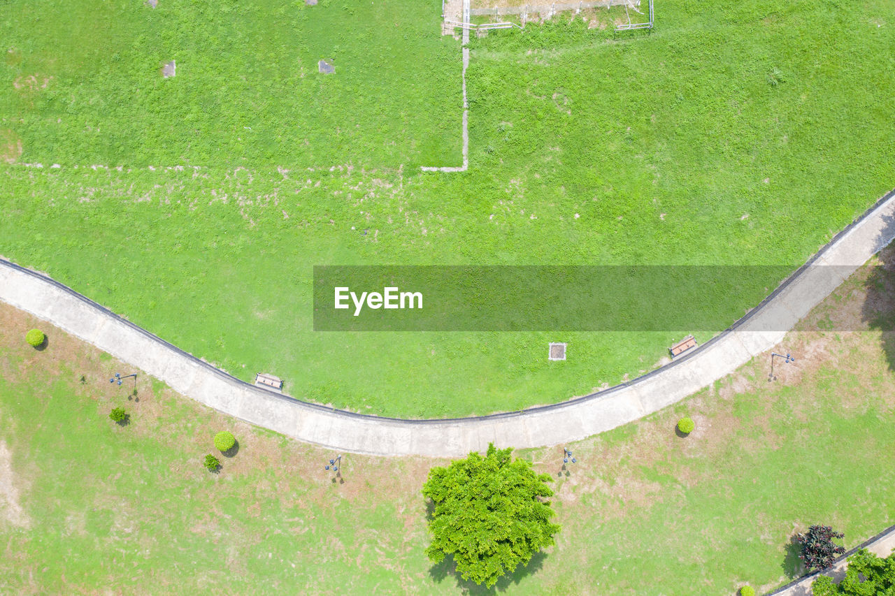 HIGH ANGLE VIEW OF SOCCER FIELD BY GREEN LAWN