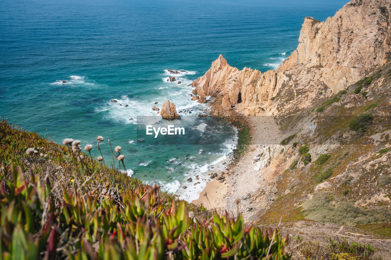 High angle view of rocks on beach