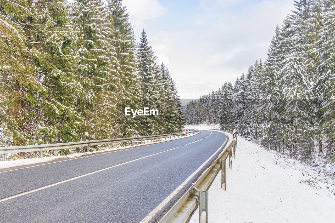 Road amidst trees against sky during winter