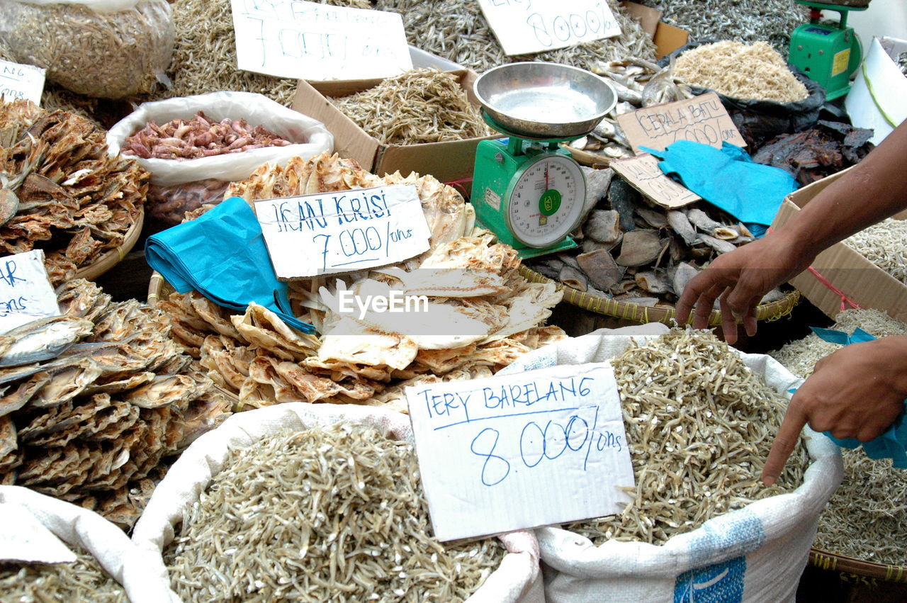 High angle view of food for sale at market stall