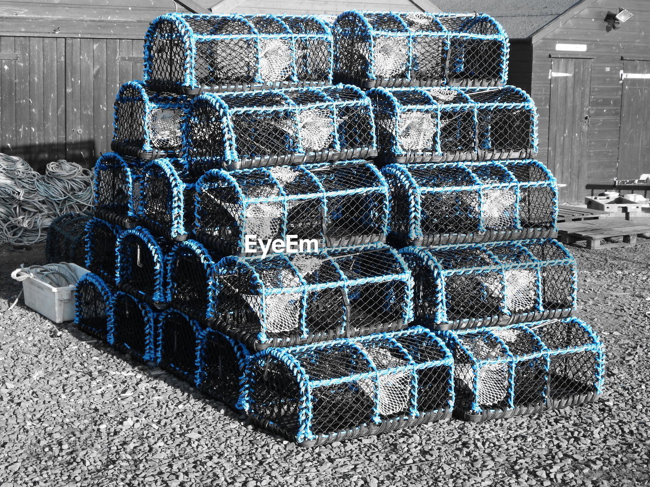 Crab pots stacked at beach