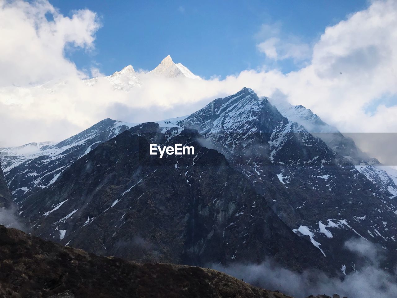 Scenic view of snowcapped mountains against sky