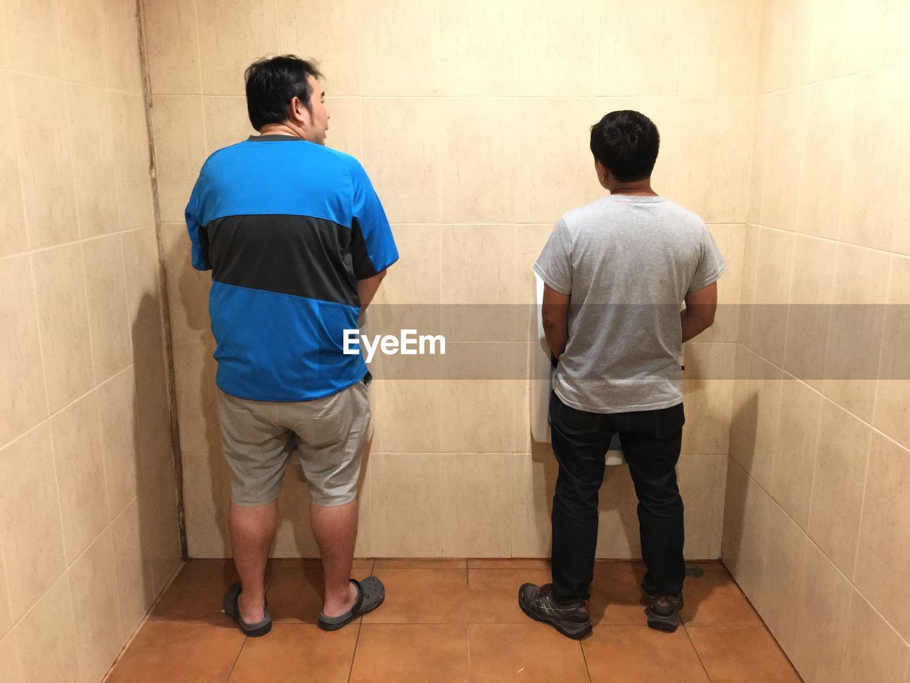 Rear view of men urinating in public bathroom