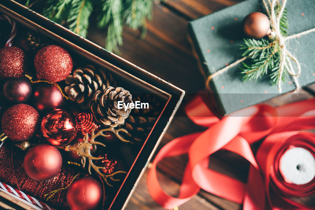 close-up of christmas decorations on table