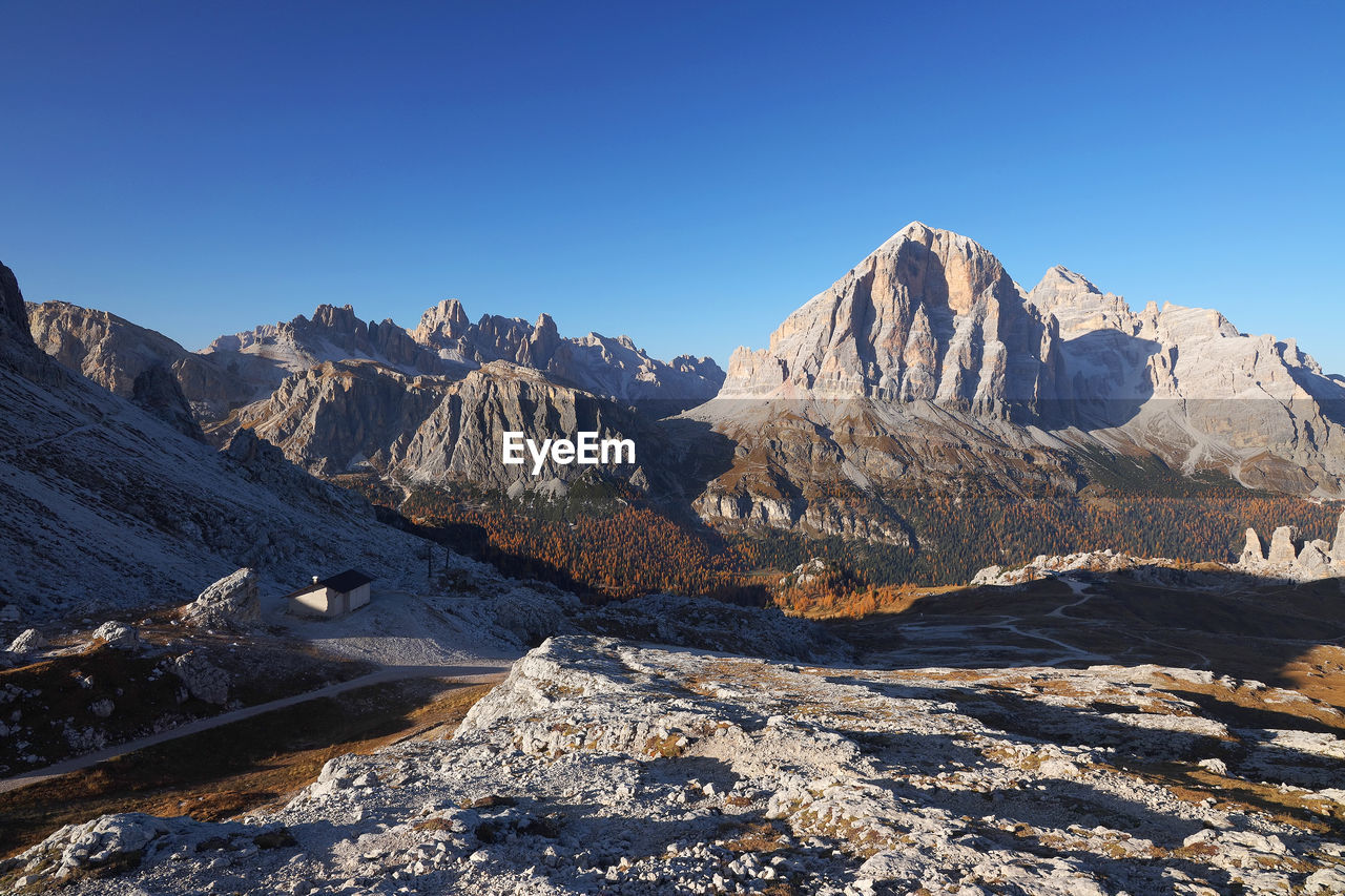 Panoramic view of snowcapped mountains against clear blue sky