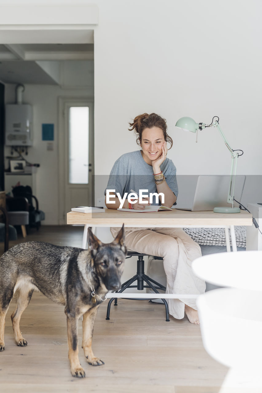 Smiling female freelancer sitting with hand on chin while looking at dog in apartment