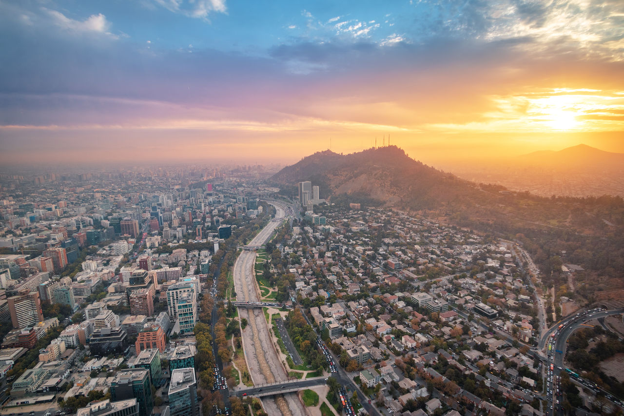 high angle view of cityscape against sky during sunset