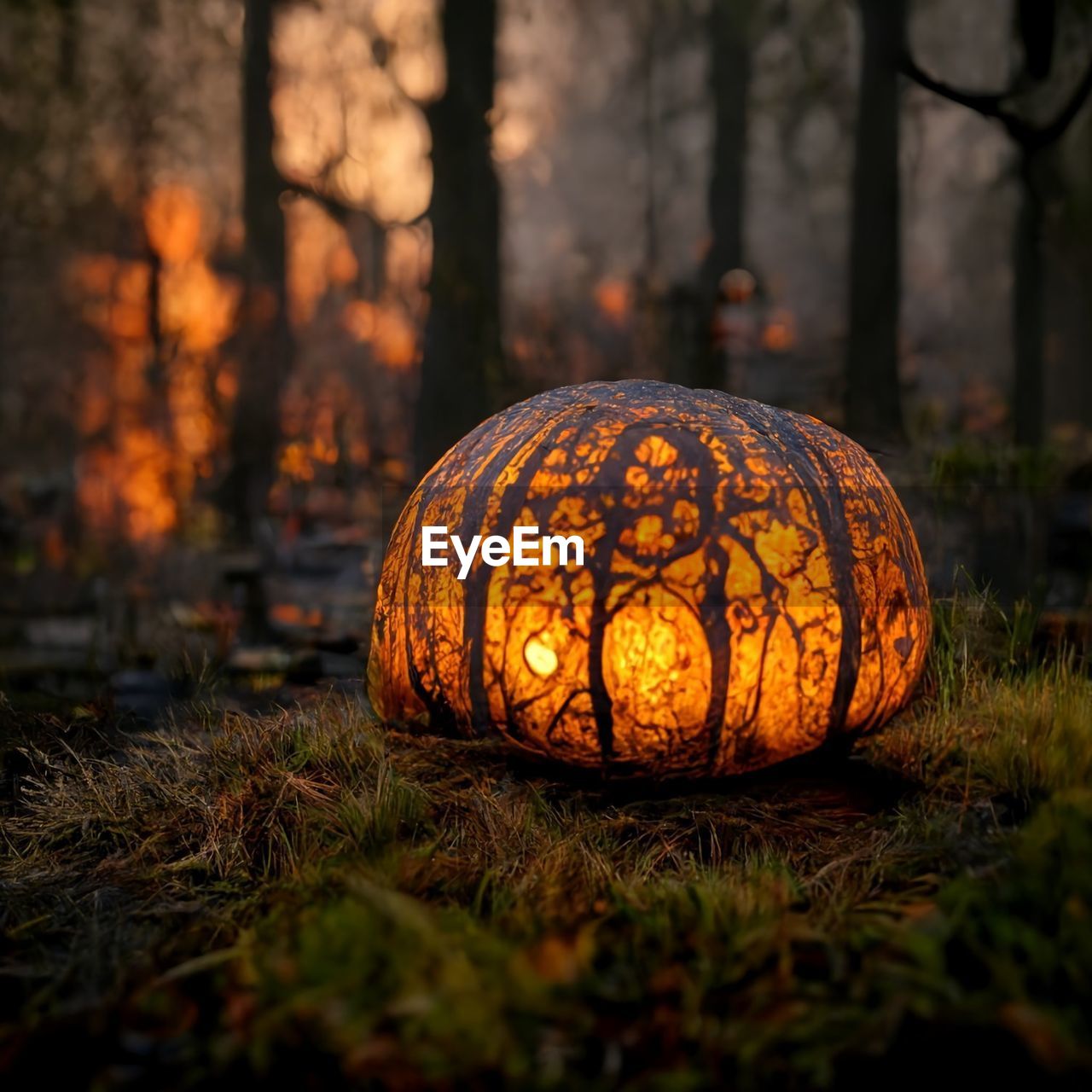 A large orange pumpkin lies on the grass and lanterns burn in a the forest