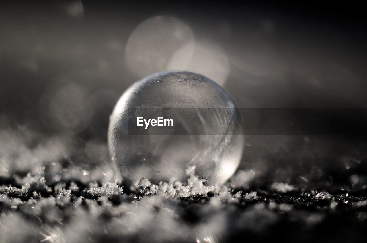 Close-up of bubble on field during winter