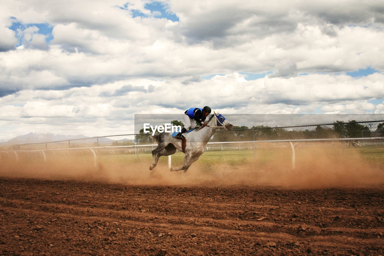 Side view of jockey riding horse at competition