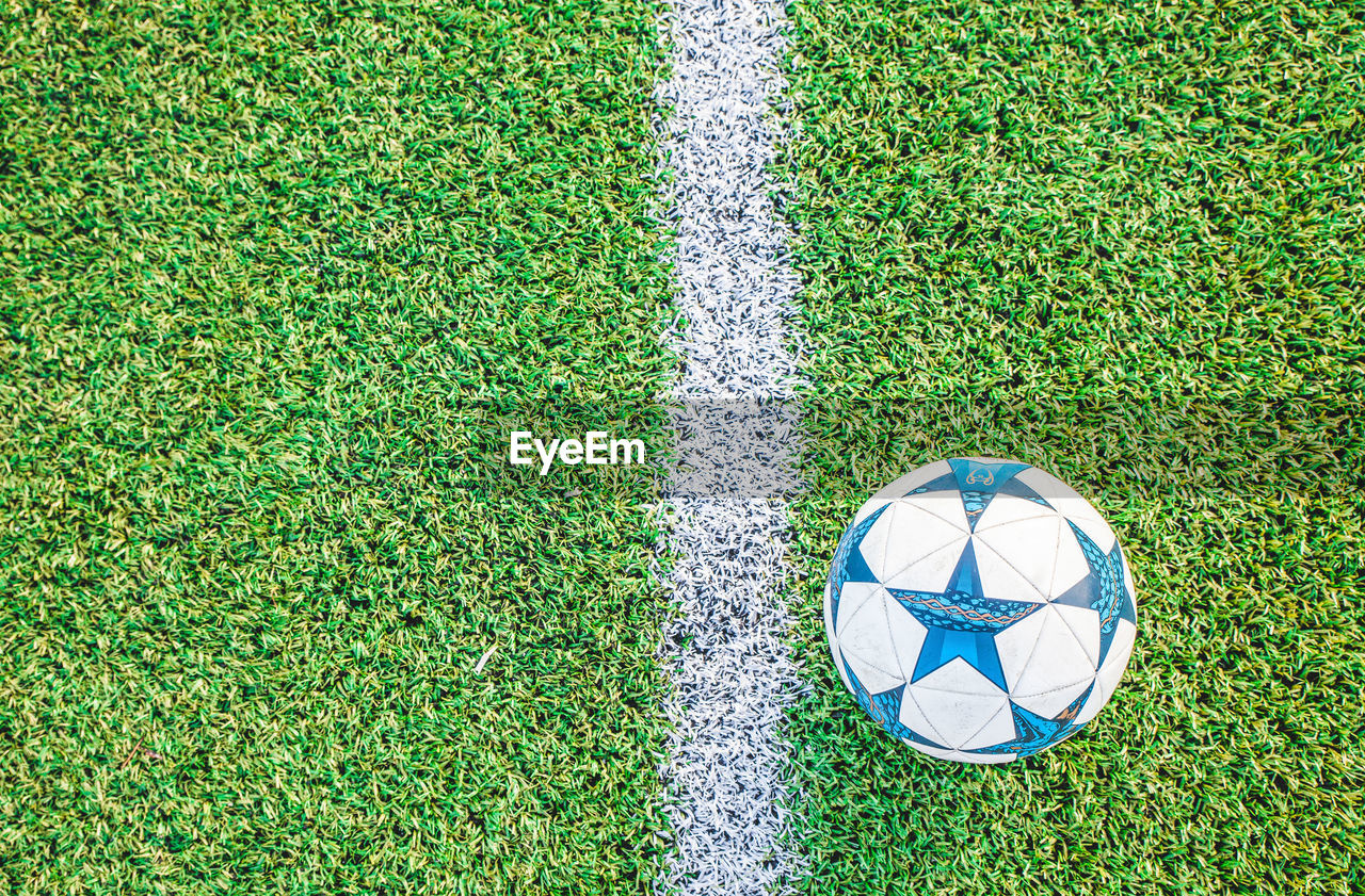 High angle view of soccer ball on field