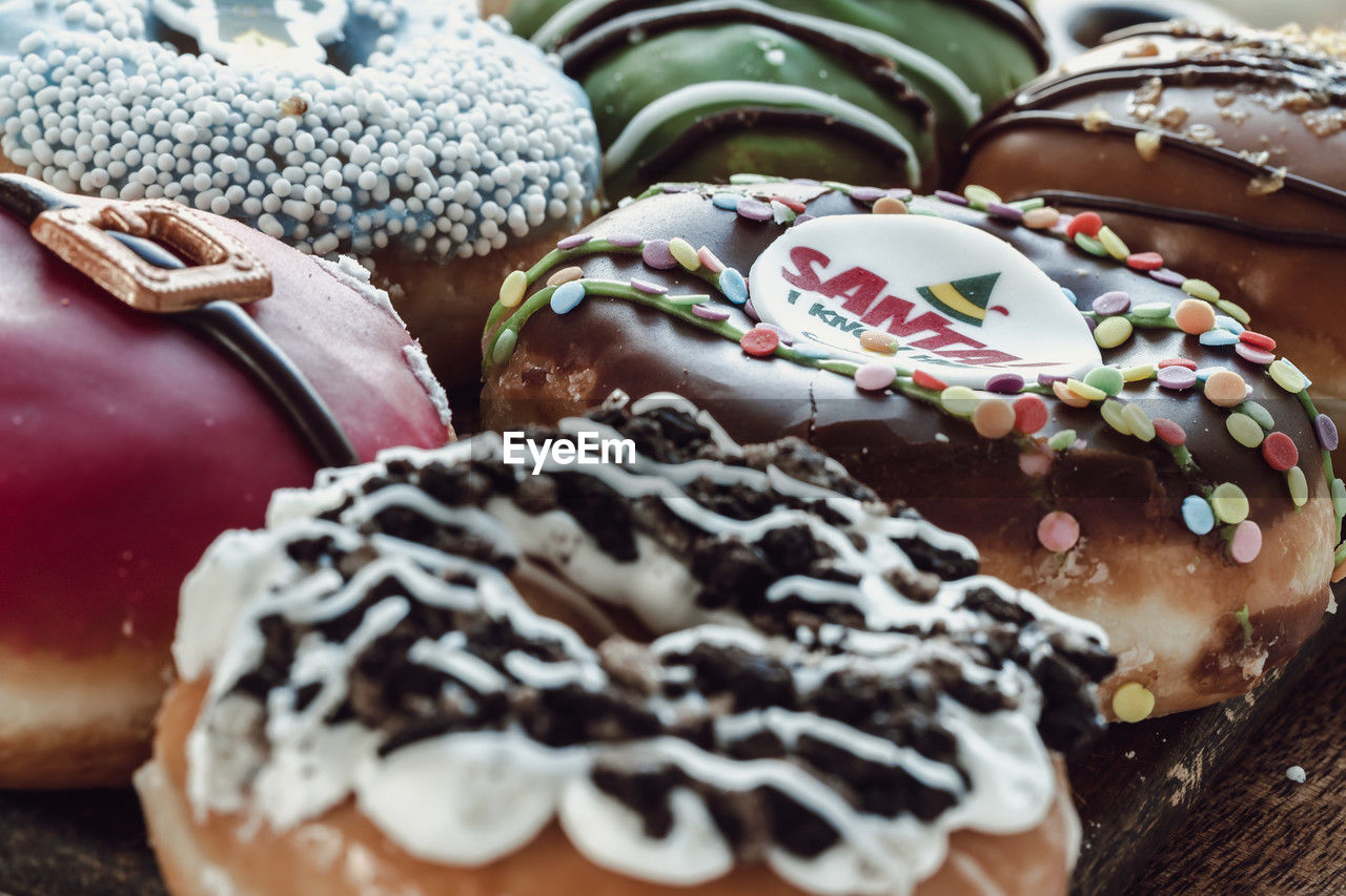 close-up of donuts on table