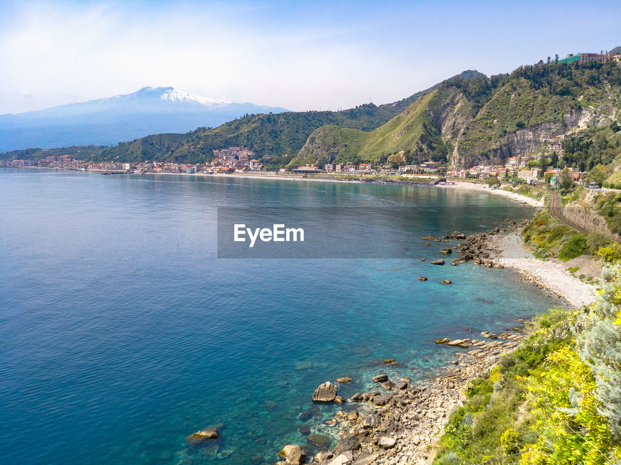 HIGH ANGLE VIEW OF BAY AGAINST CLEAR SKY