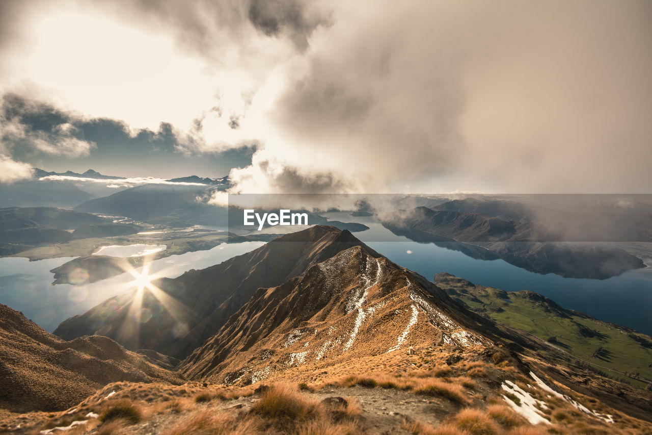 Aerial view of snowcapped mountains against sky