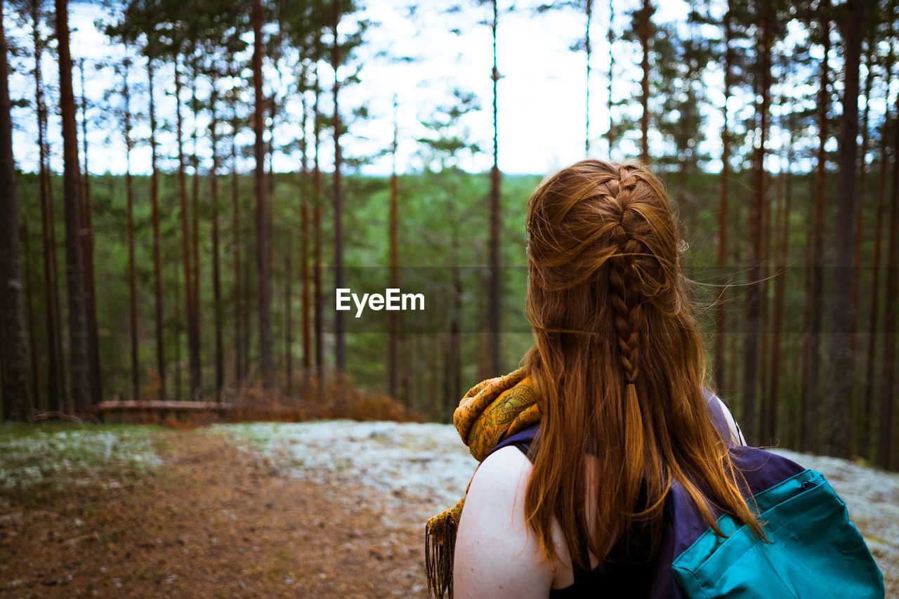 Rear view of woman standing in forest