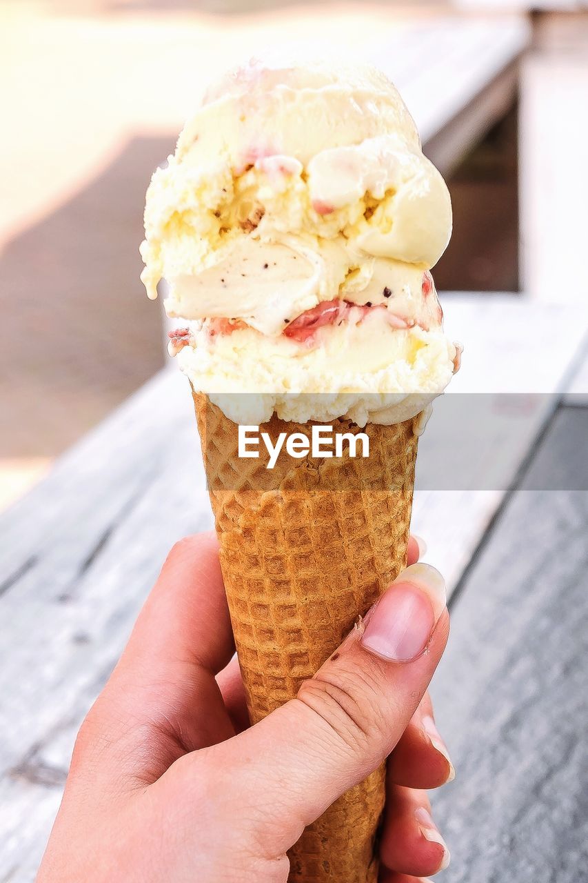 Close-up of hand holding ice cream cone