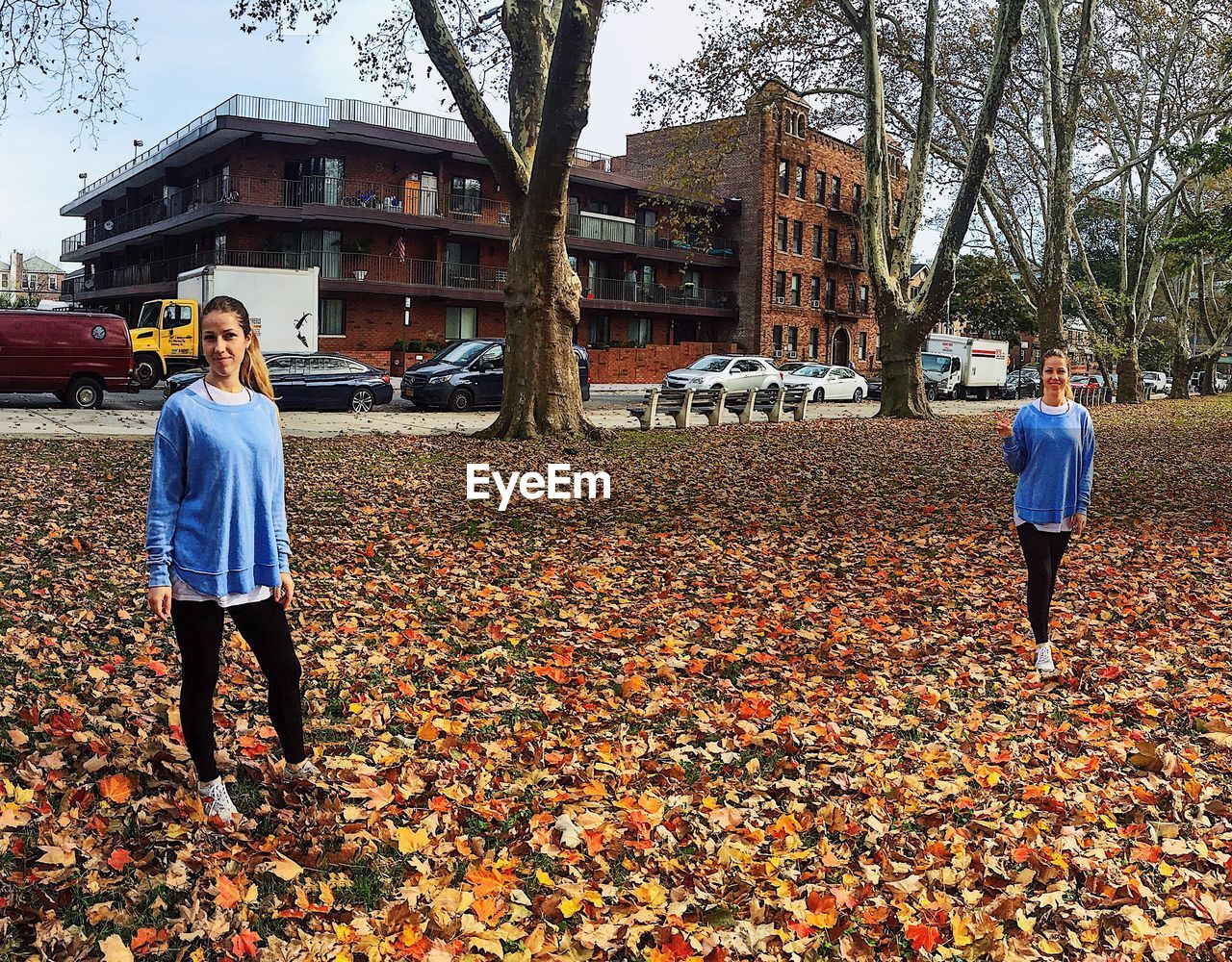 Multiple image of young woman standing on leaves during autumn