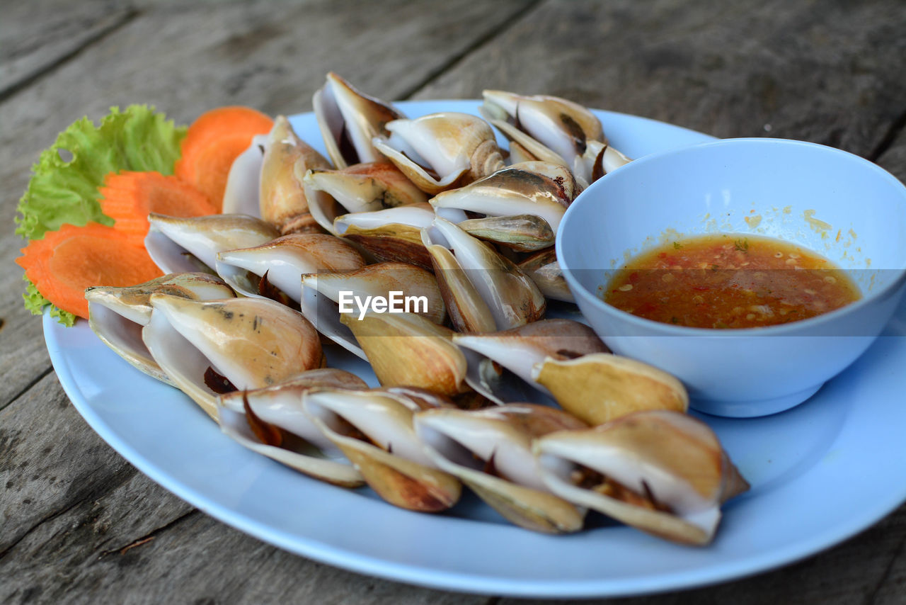 Close-up of sea shells in plate