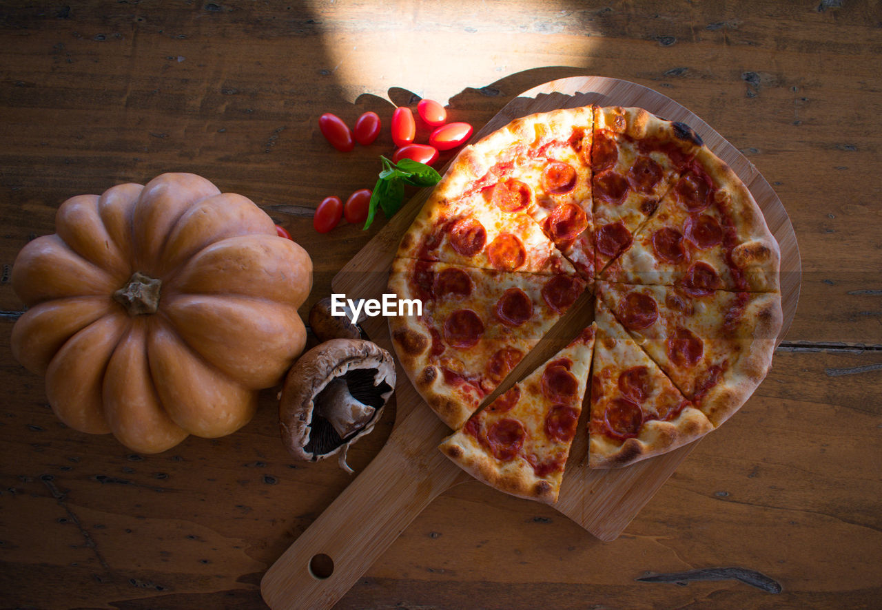 High angle view of pizza on table