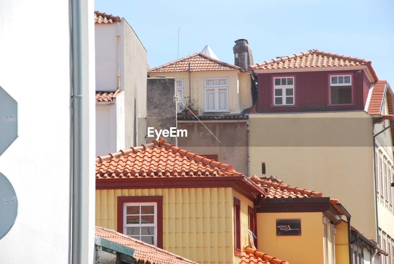 Residential buildings against sky on sunny day