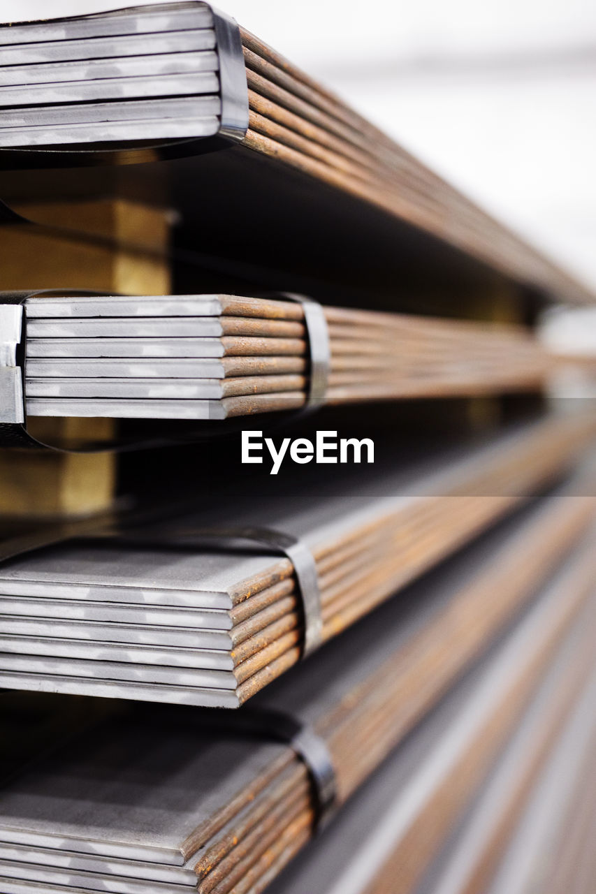 Close-up of metal sheets in storage room