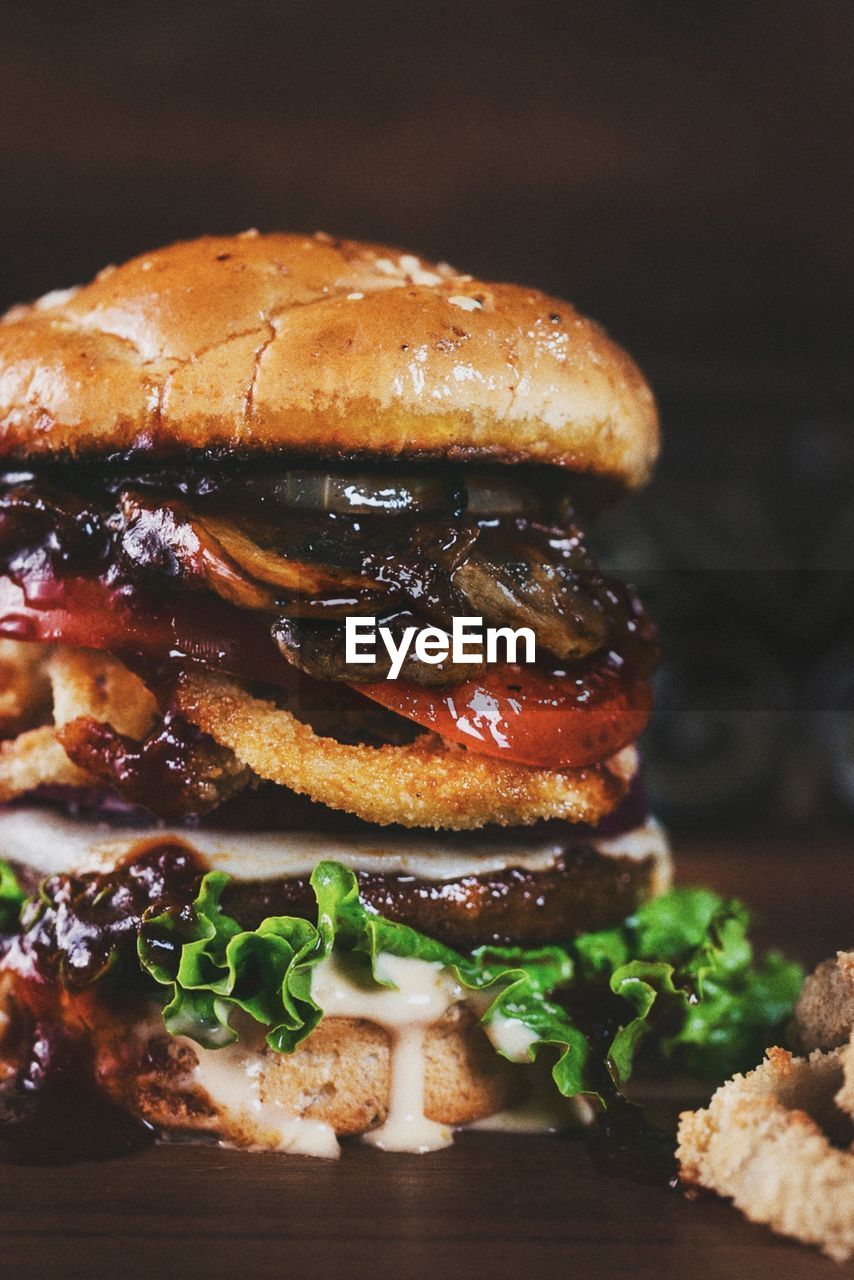 Delicious hamburger with onion rings 