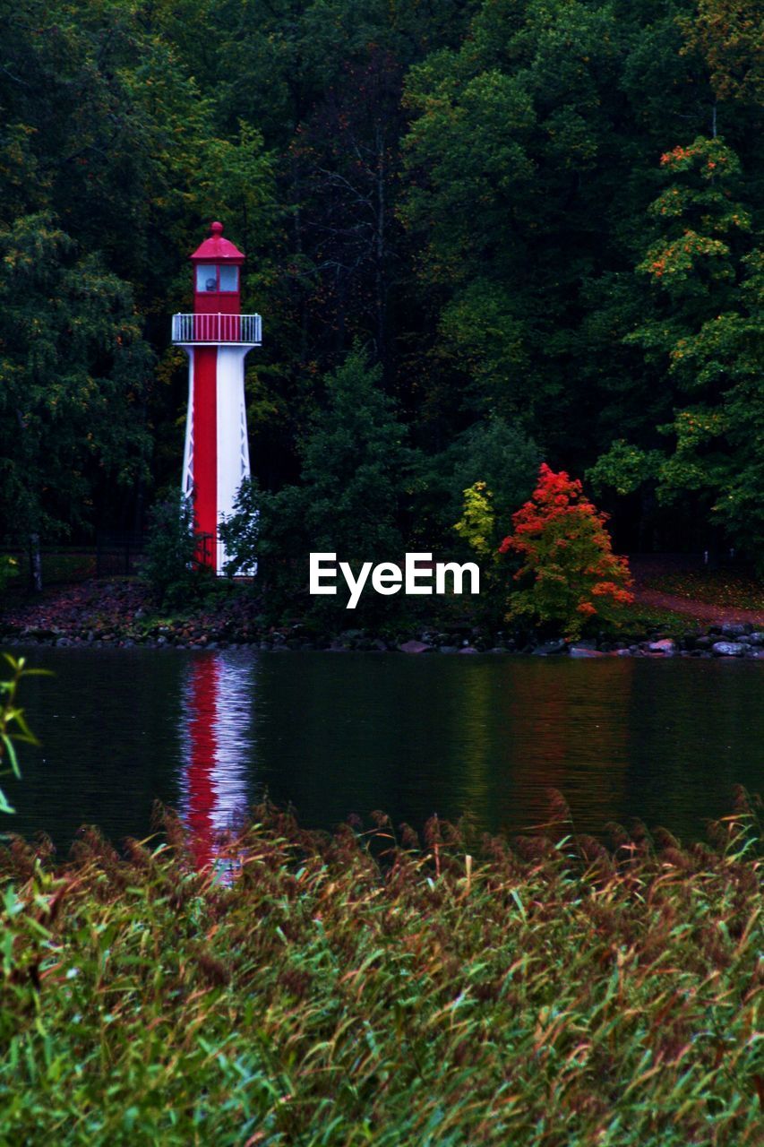 LIGHTHOUSE AND TREES BY WATER