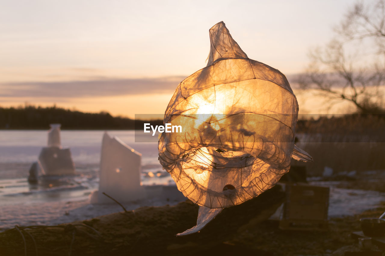 Transparent paper sculpture of a fish backlit by sunset