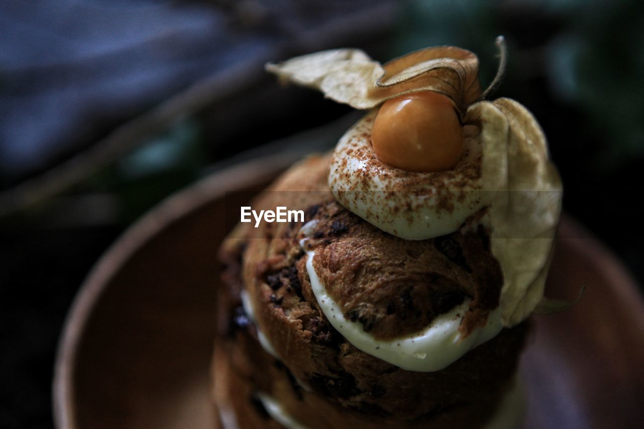 High angle view of panettone stuffed in plate