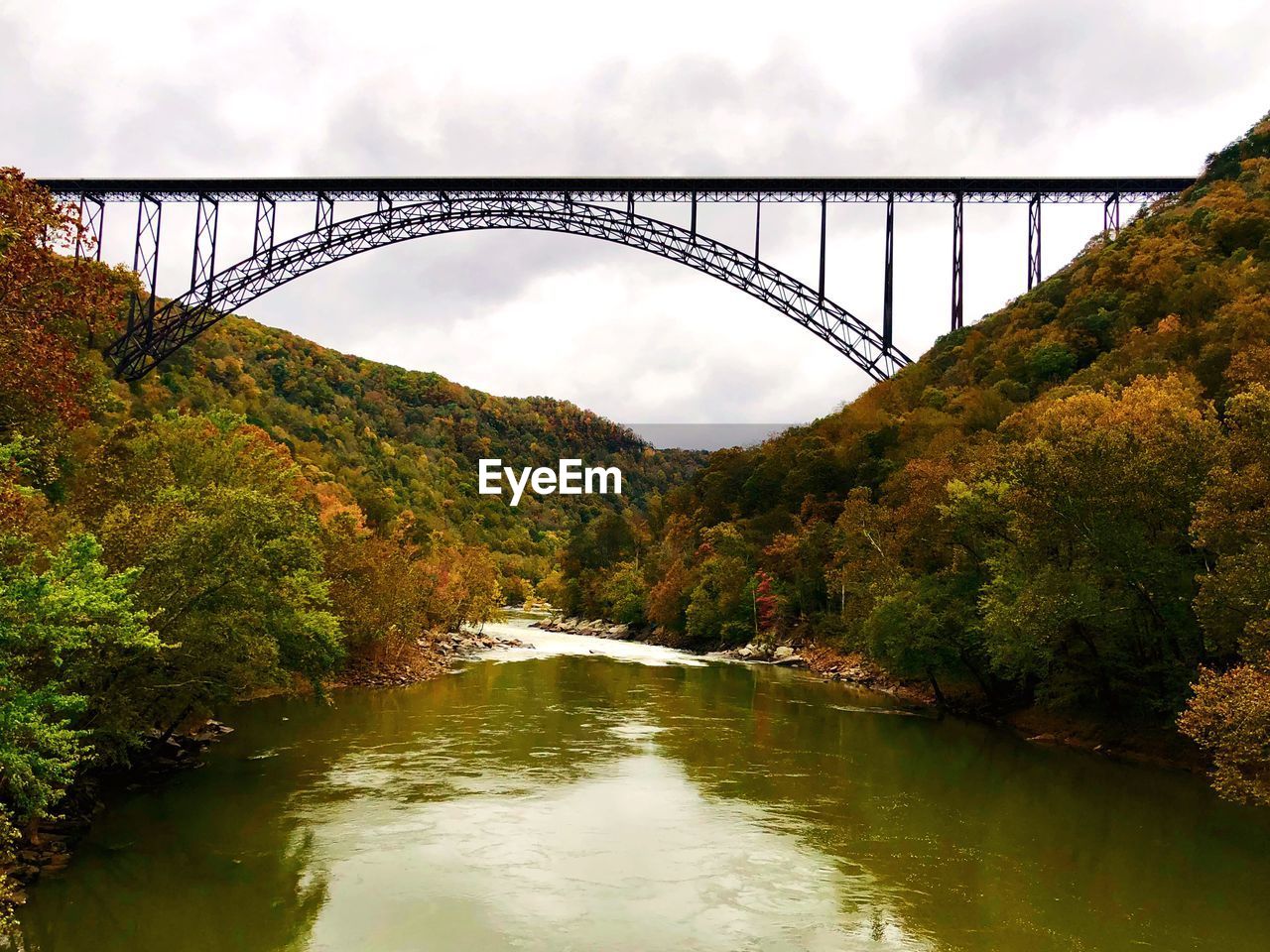 BRIDGE OVER RIVER BY TREES AGAINST SKY