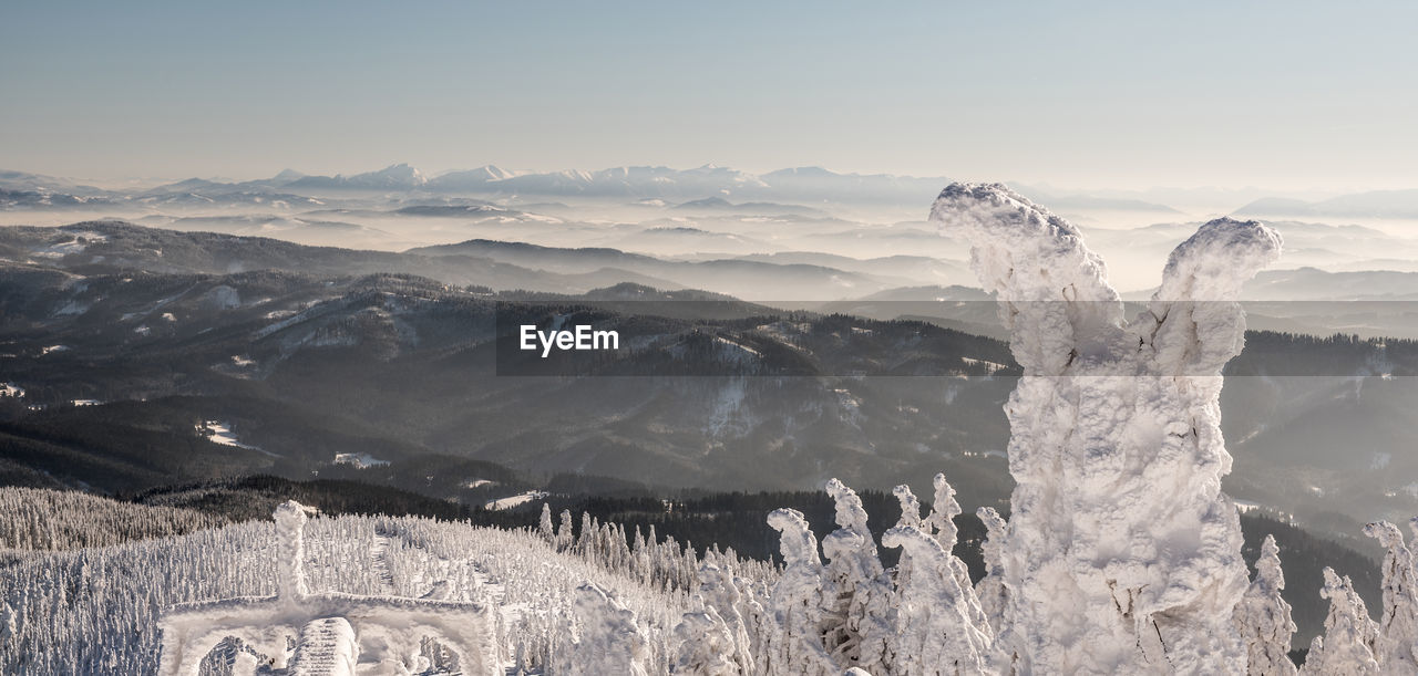 Scenic view of snowcapped mountains against sky