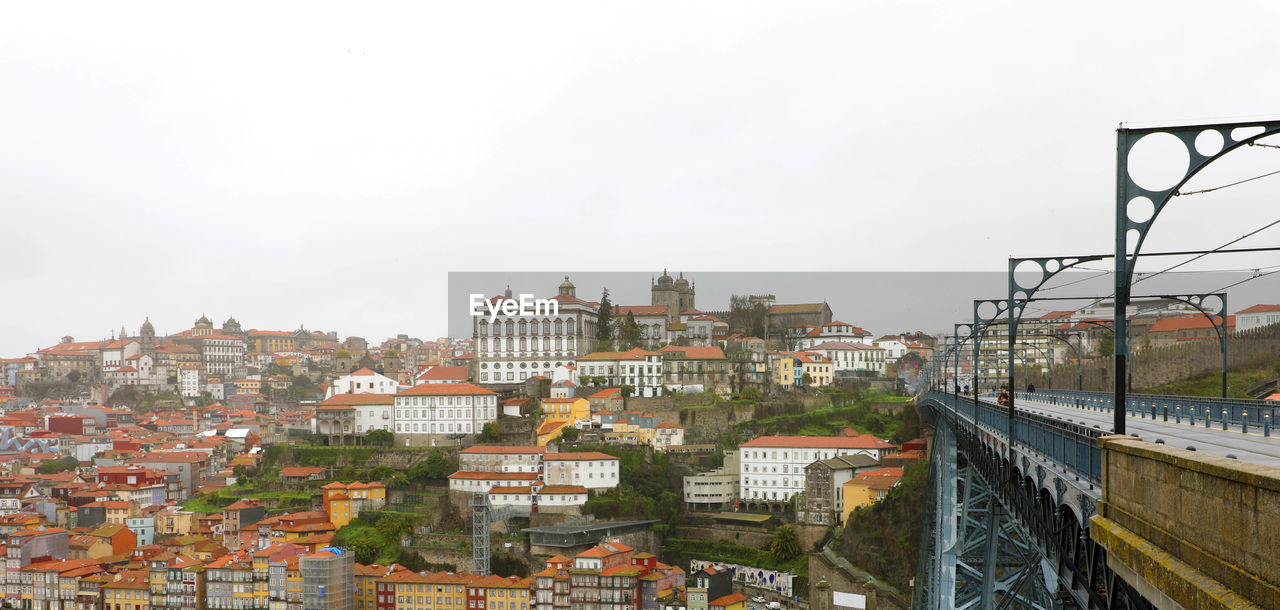 High angle view of buildings against clear sky