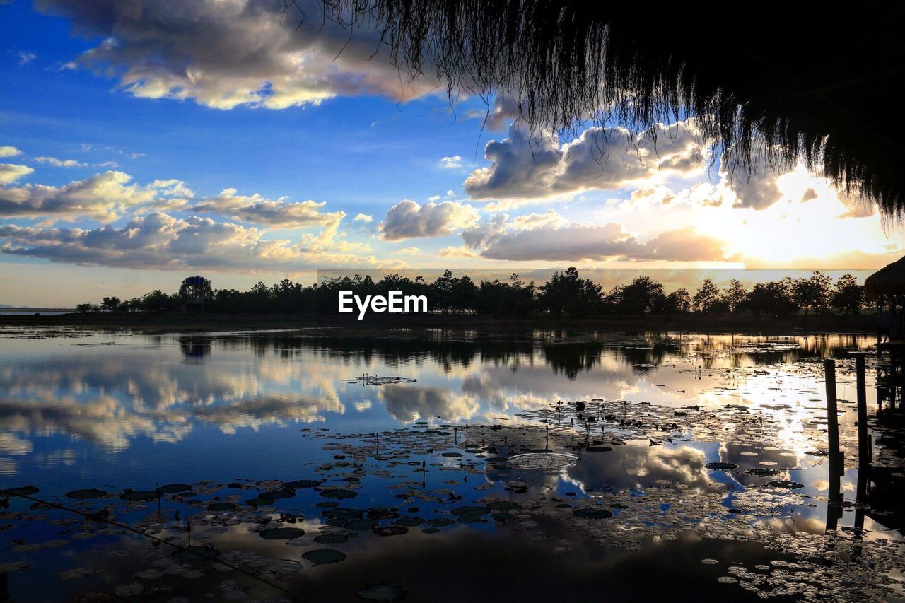 Scenic view of lake against sky during sunset