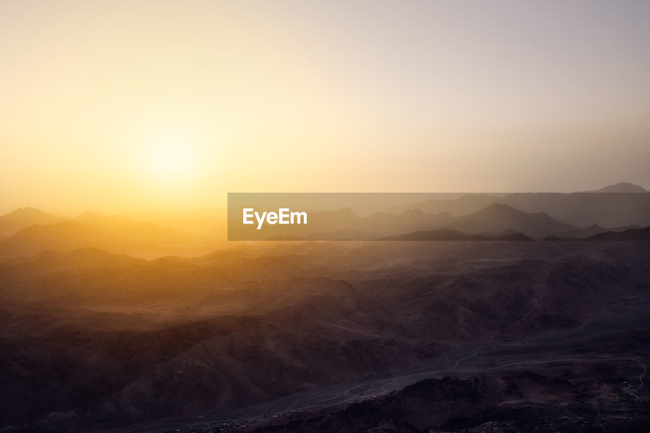 Egyptian mountains and  view from mount sinai with sunrise. holly land of egypt.