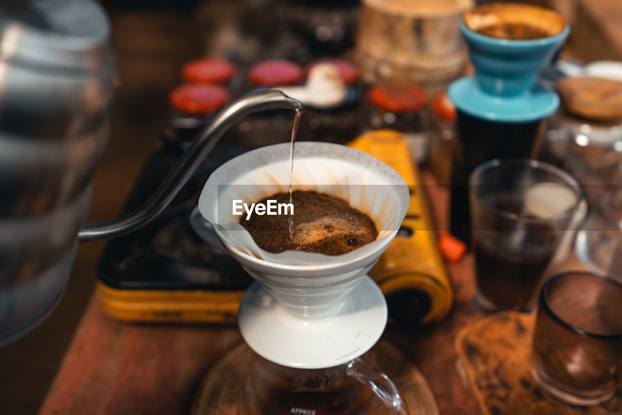 High angle view of coffee cup on table