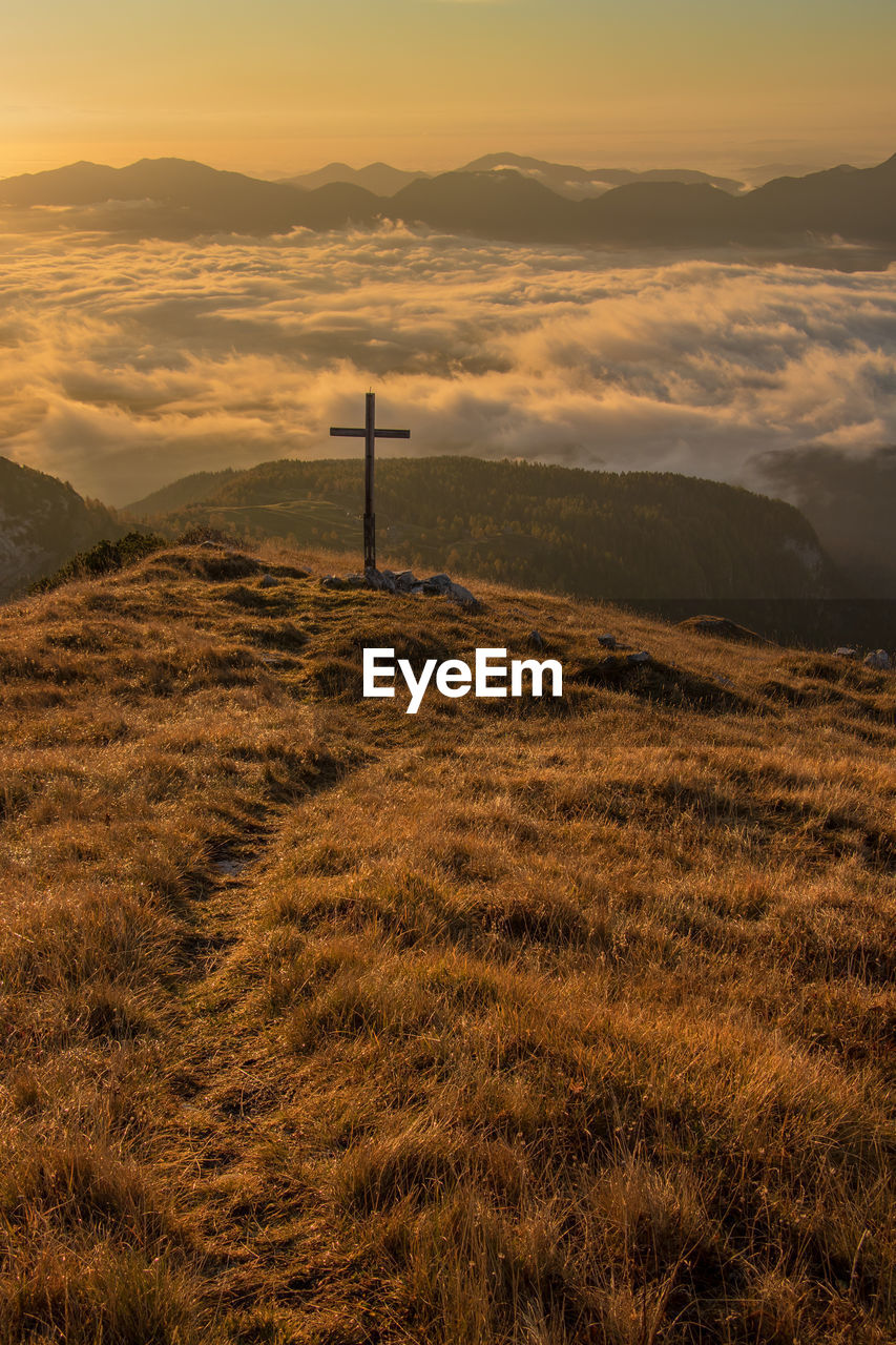 Scenic view of mountains against sky during sunset