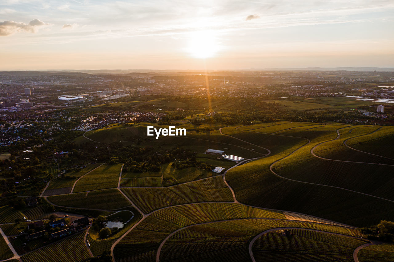 High angle view of landscape against sky during sunset