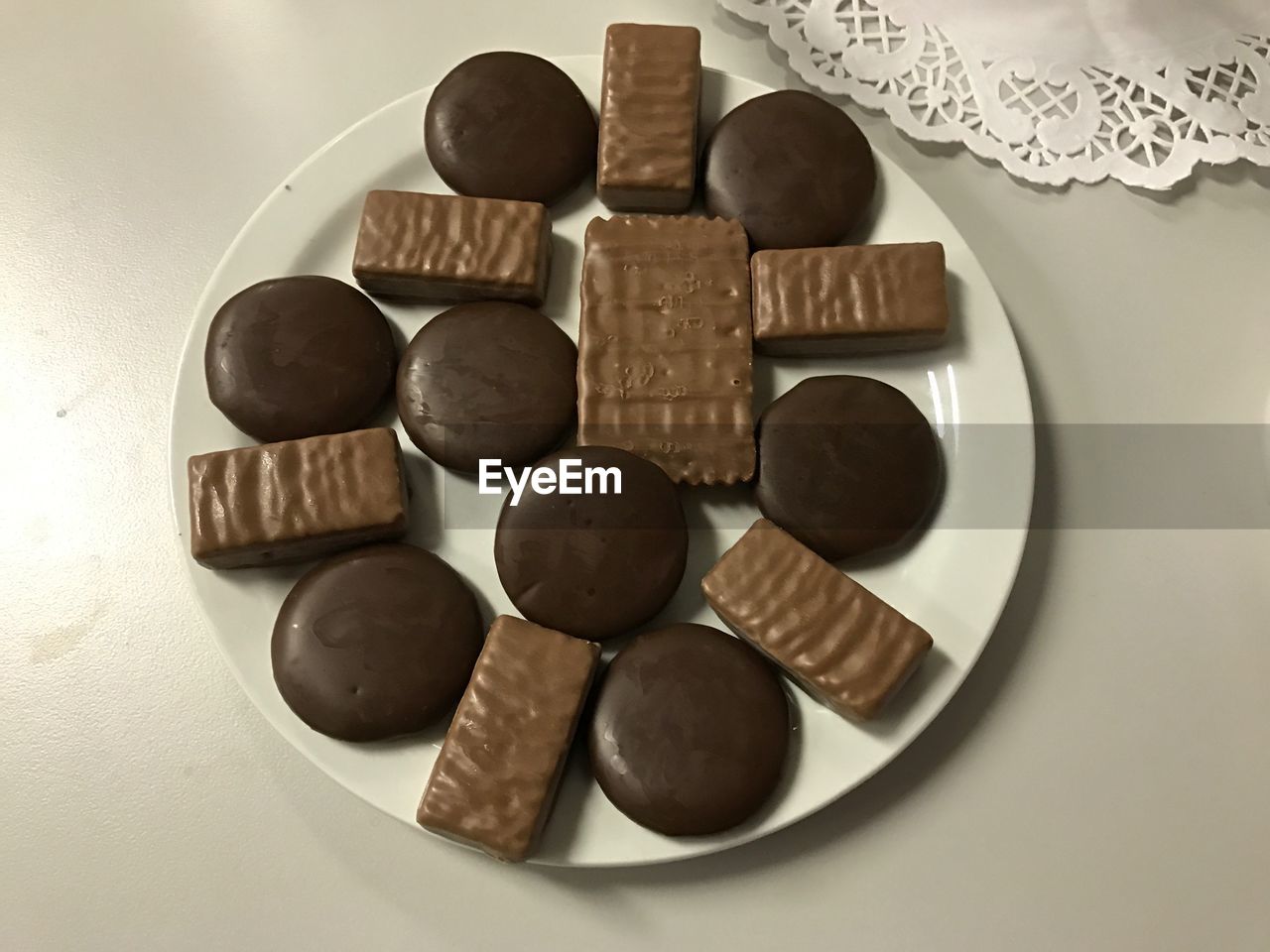 High angle view of chocolate desserts in plate