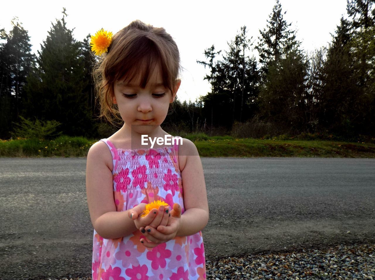 Girl holding yellow flower while standing at roadside
