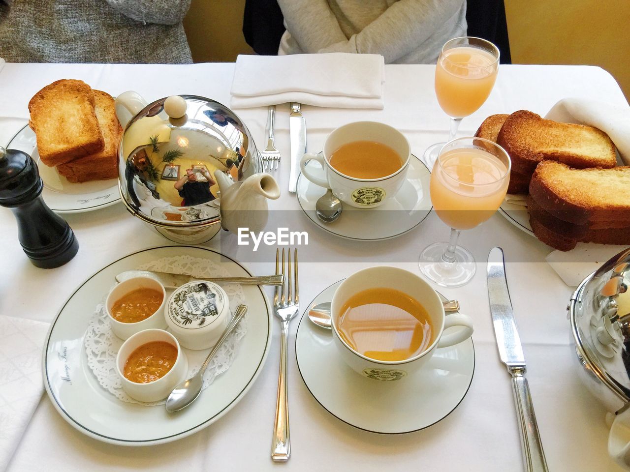 High angle view of fresh breakfast served on table