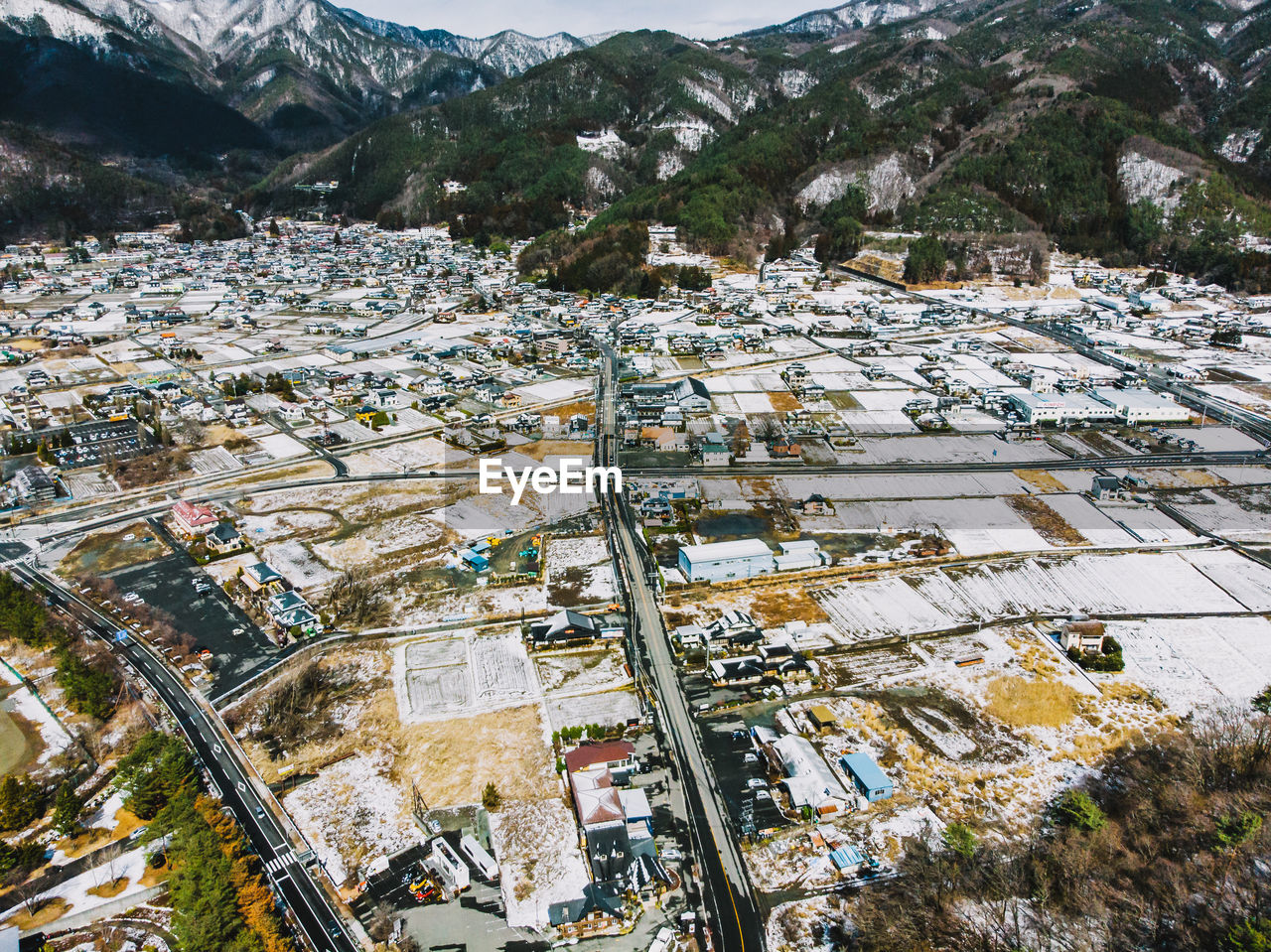 High angle view of trees and buildings