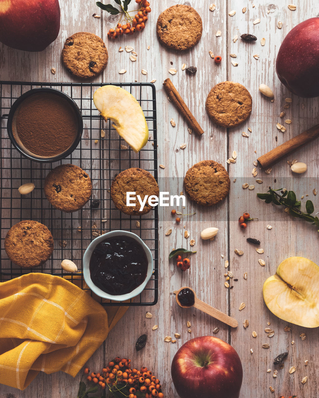 High angle view of fruits and biscuit on table